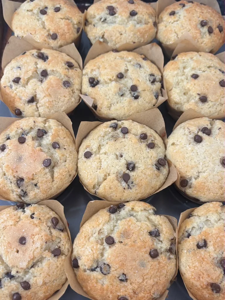 Tray of freshly baked spelt muffins dotted with chocolate chips
